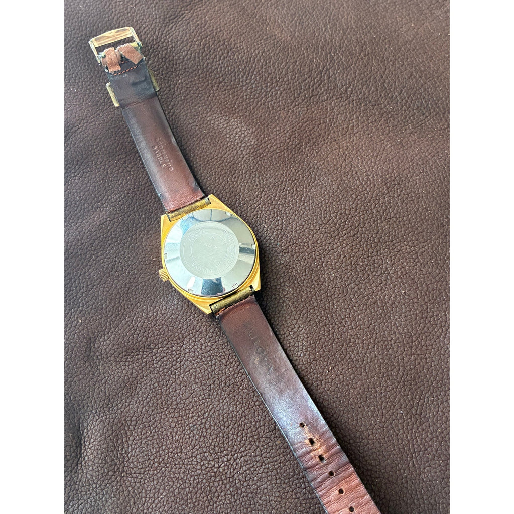 Vintage 1970s Bulova Jet Star Automatic Day Date Brown Dial Mens Watch