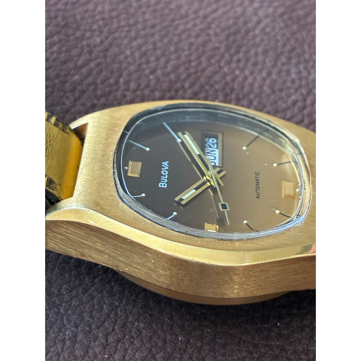 Vintage 1970s Bulova Jet Star Automatic Day Date Brown Dial Mens Watch
